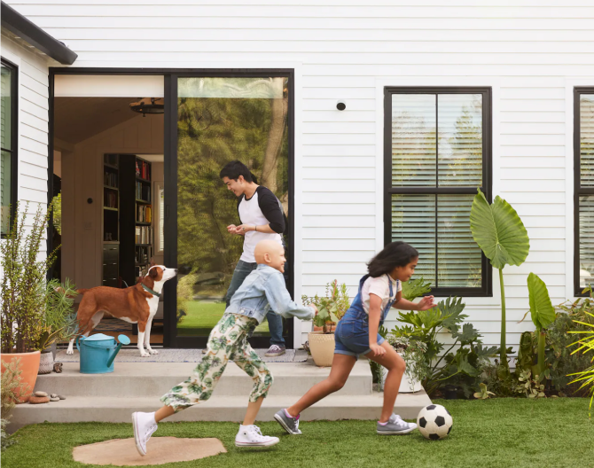 Google Nest Cam outside of a home where children play soccer