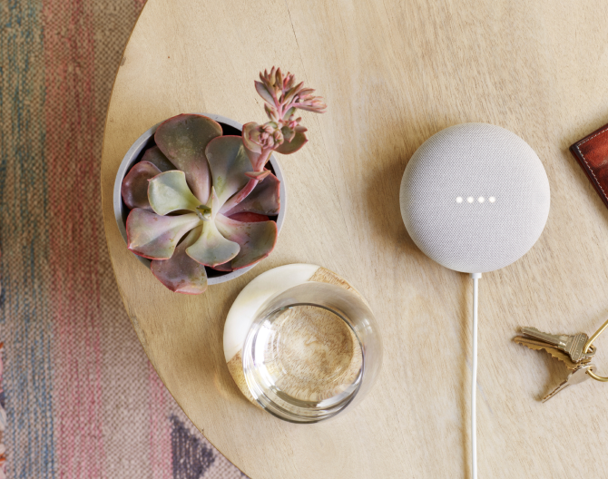 Google Nest Mini on a table with succulent and house keys