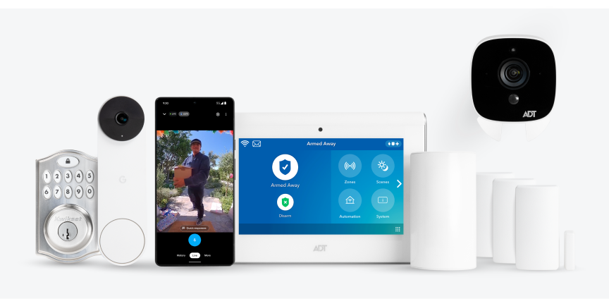 Video and Smart Home package with ADT Smart Lock, Google Nest Doorbell, Command Panel, Indoor Camera and other products